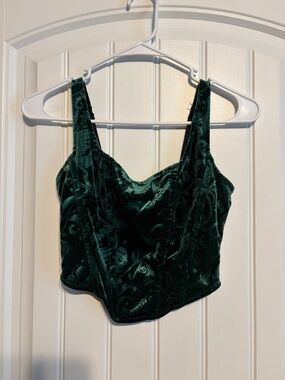Velvet Floral Bustier Crop Top - Dark Green